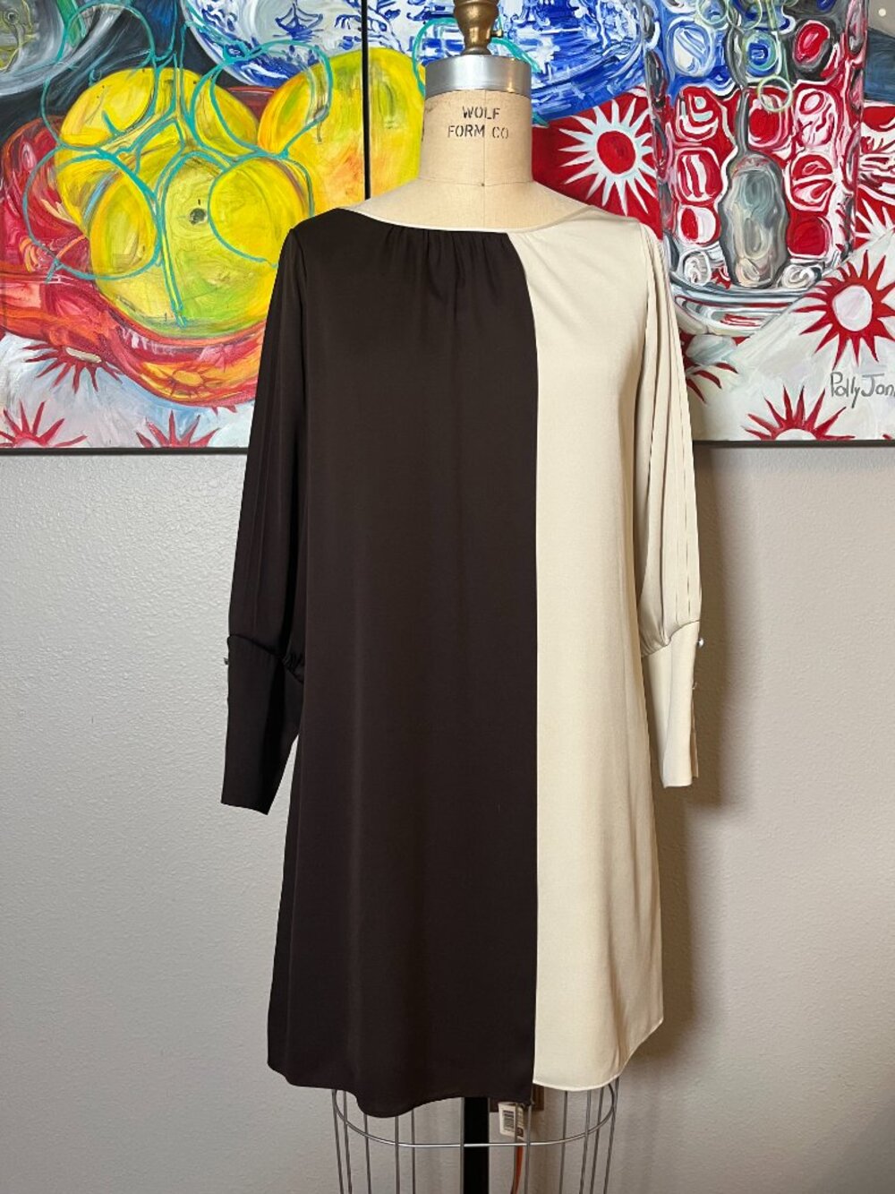 Alice + Olivia Silk Colorblock Crystal Buttons Shift Dress Ivory Brown - Picture 2 of 13